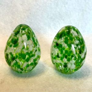 Set of 2 Vintage Green & White Murano Speckled Egg-shaped Glass Paperweights